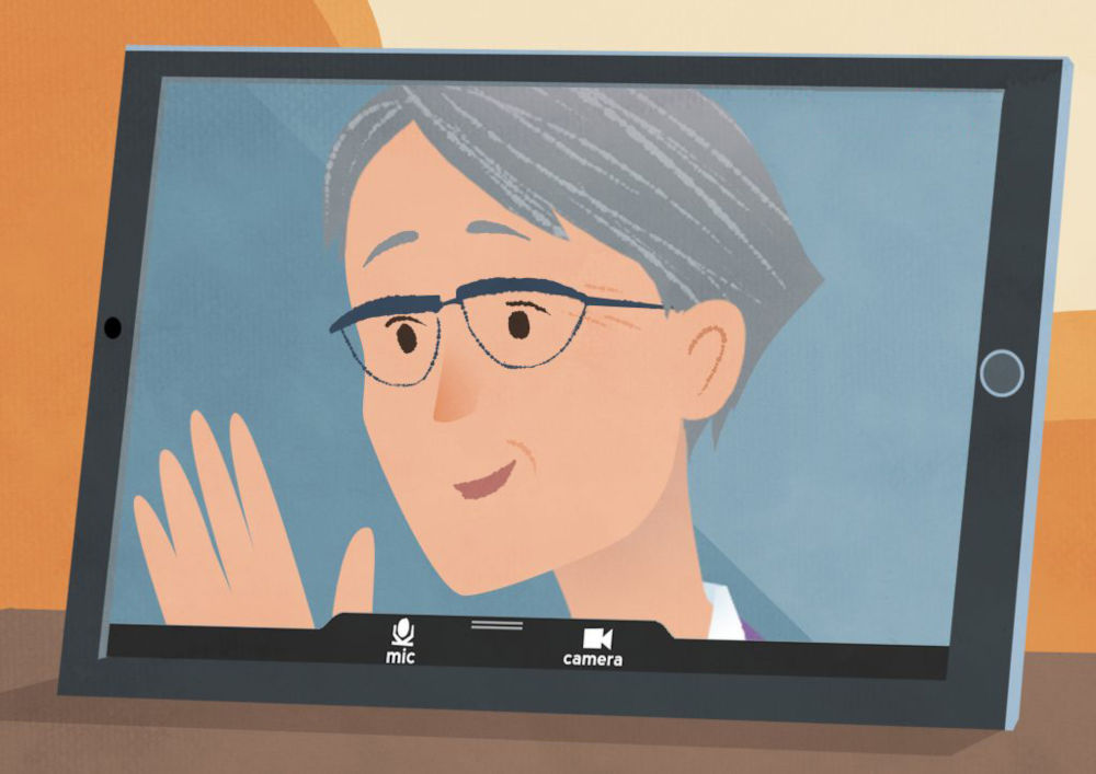 Cartoon image of ongoing Near Me call with a woman's image on an iPad, waving at the viewer.