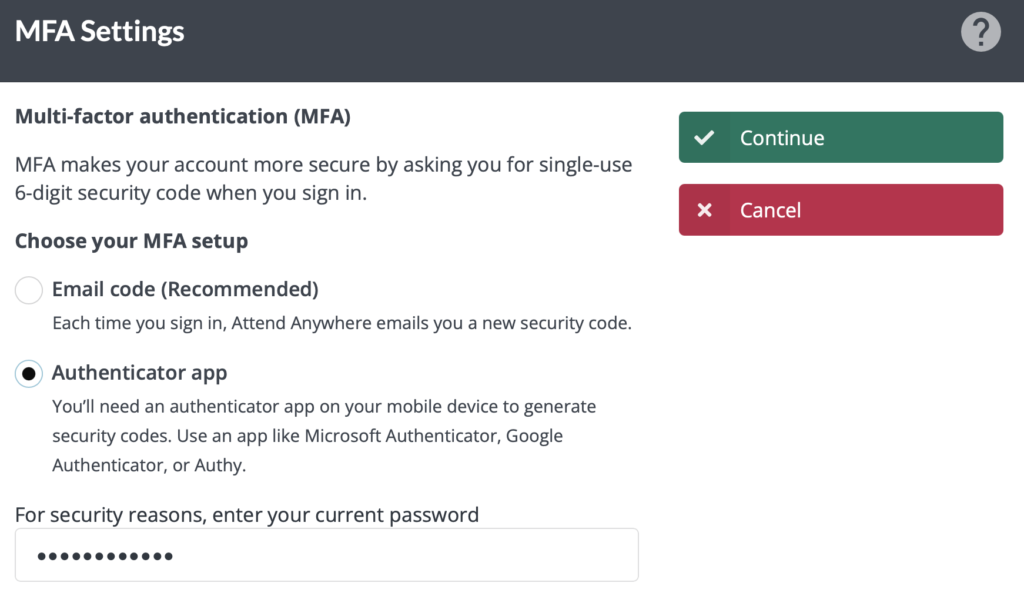 Attend Anywhere MFA: Set up using auth app