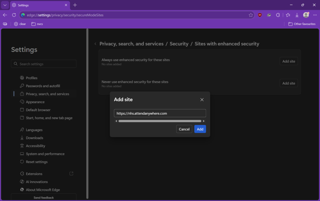 Edge enhanced security settings allowlist