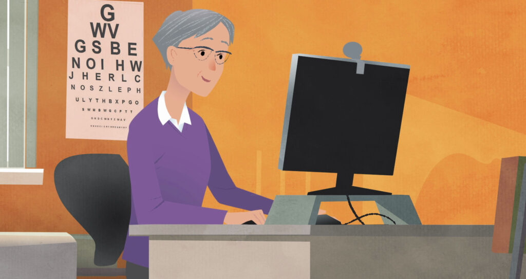 Animated still of clinician sitting at their desk, taking part in a Near Me call on their PC