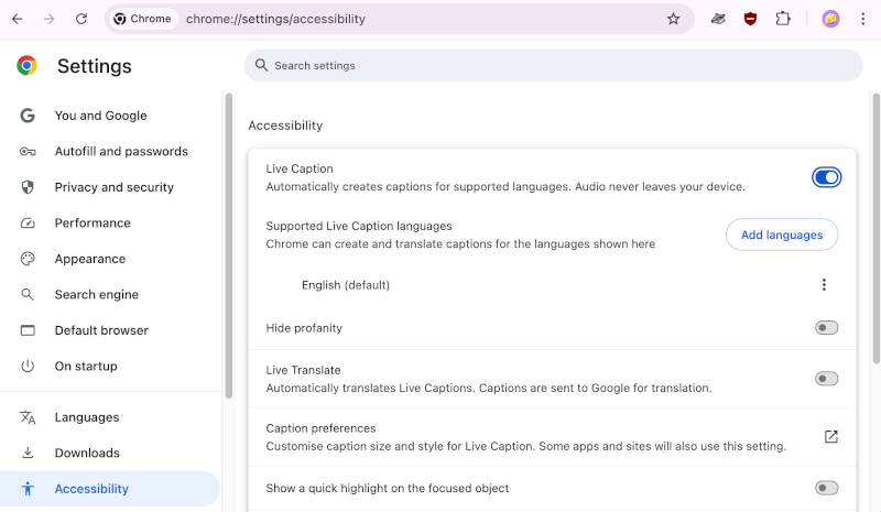 chrome browser accessibility settings: live caption enabled