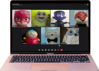 Near Me group call using gallery view, running on pink laptop