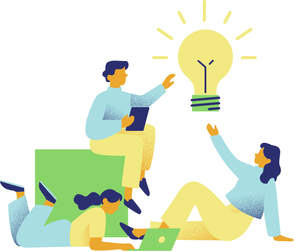 Drawing of three people. Two are pointing towards a oversized lightbulb. The third person is lying on their stomach and looking at a laptop.