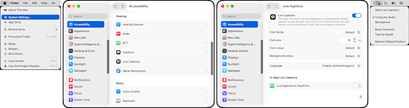 4 screengrabs showing the setup of macOS 26 Live Captions