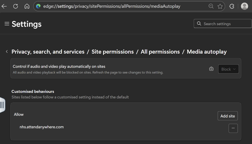 Screenshot of MS Edge media autoplay setting
