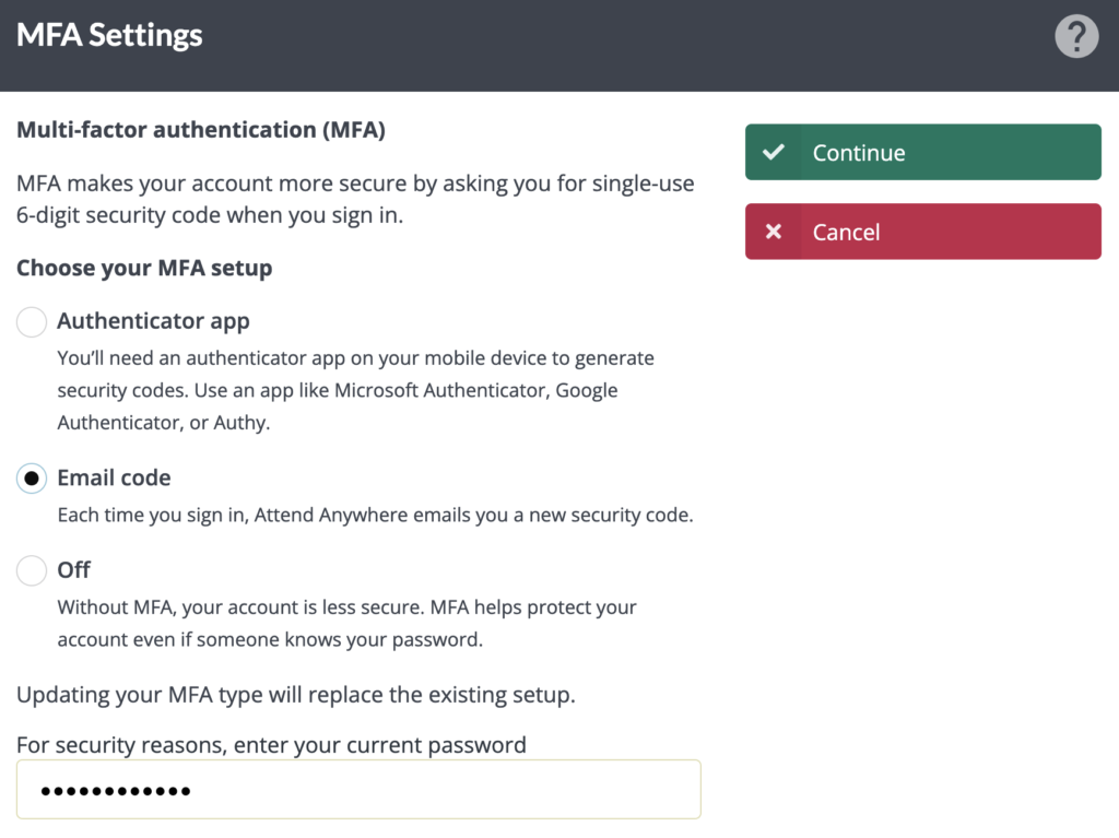 mfa choice of email or auth app