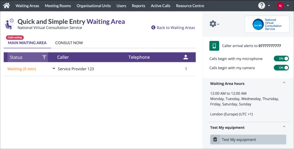 Near Me Waiting Area call queue showing rapid access caller waiting to be joined