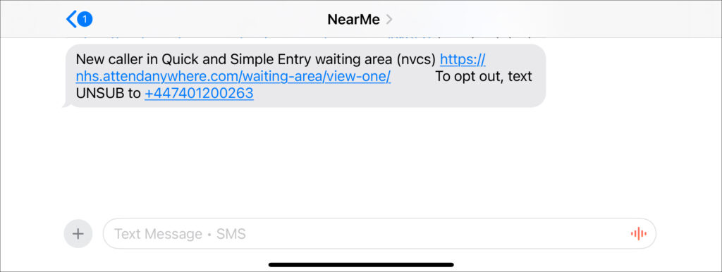 mobile phone SMS alert generated by caller entering Near Me call queue