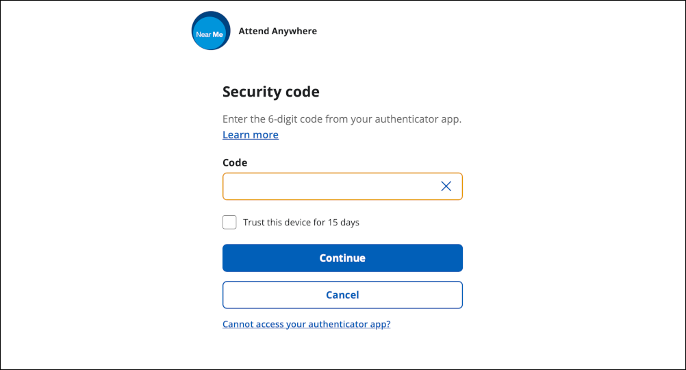 Near Me Service Provider login - enter mfa code from app
