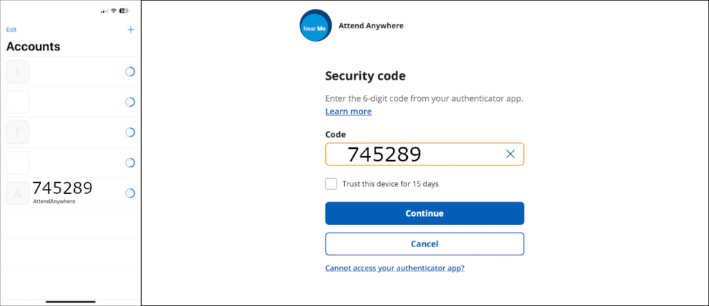 Near Me Service Provider login - enter mfa code from app