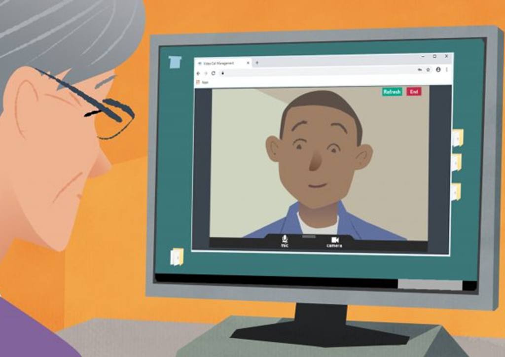 Still from animation: doctor in Near Me video consultation with patient.
