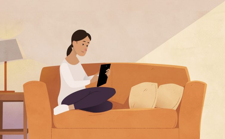 Still image from animation showing a woman on a sofa, with tablet in hands, taking part in Near Me video call.